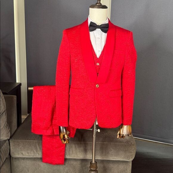 Men’s Slim Fit Red Floral 3 Piece Prom Party Tuxedo Suit 34 Jacket 31 Pants NEW